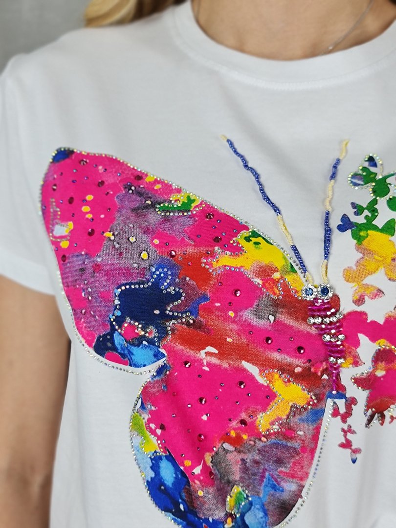 Футболка Miss Kiss с принтом розовой бабочки белая, фотография №5