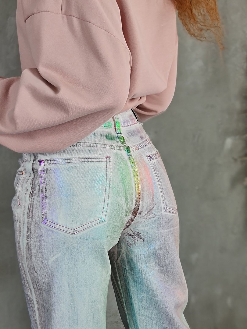 Джинсы Miss Bonbon с радужным напылением прямые белые, фотография №7