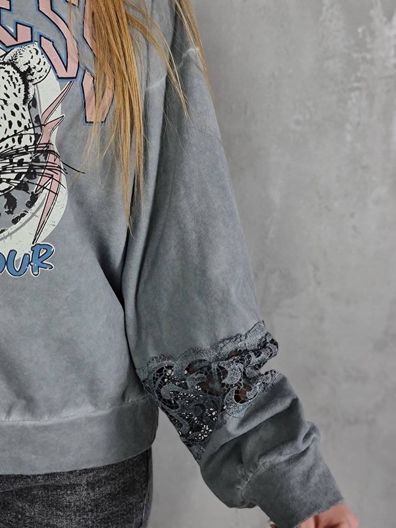 Джемпер MIHO'S с кружевом и принтом тигра серый, фотография №4