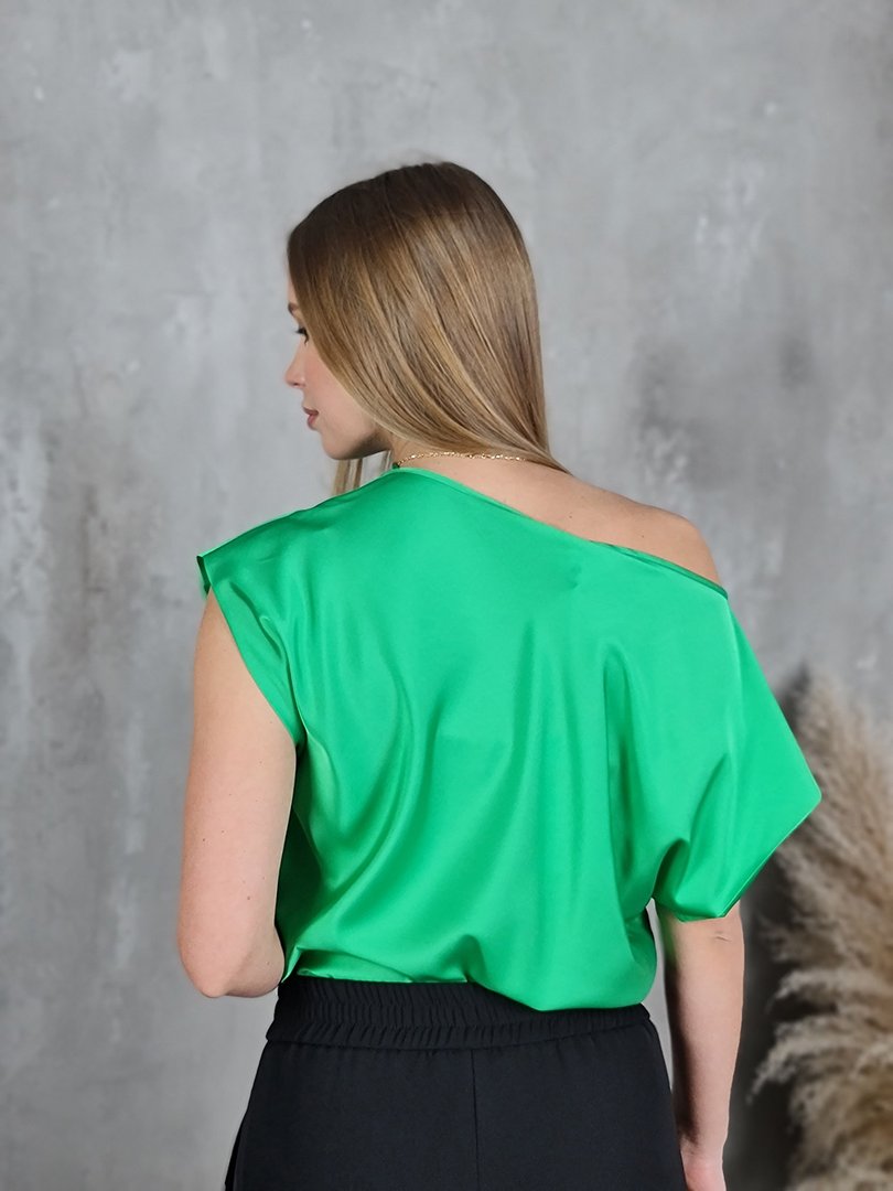 Блузка Imperial со сборкой на декольте атласная зеленая, фотография №3