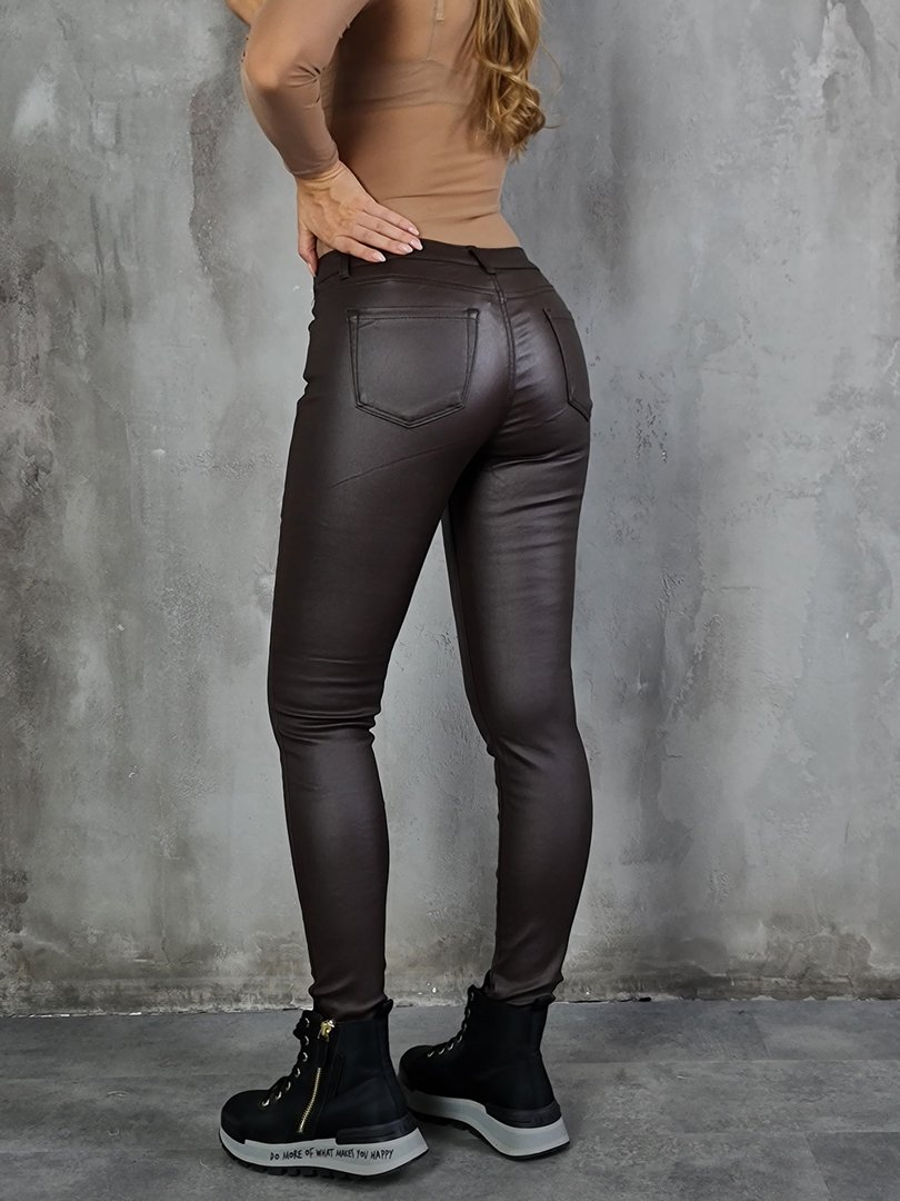 Брюки 3D Denim С флисом экокожа skinny шоколад, фотография №3