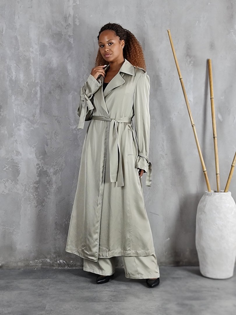 Костюм CLOTHÉ тонкий длинный тренч и брюки оливковый, фотография №3