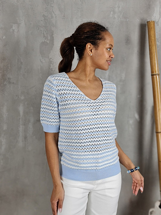 Джемпер LIVAN'S с коротким рукавом полосатый с дырками голубой