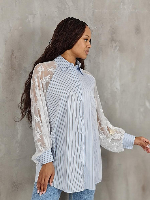 Рубашка MIHO'S с кружевными рукавами в коричневую полоску голубая