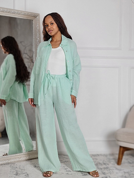 Костюм Shaken льняной рубашка и брюки мятный 