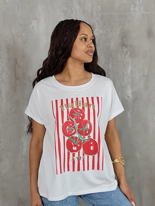 Футболка Mitica&Co. с принтом "Красные томаты на фоне красных полос" белая
