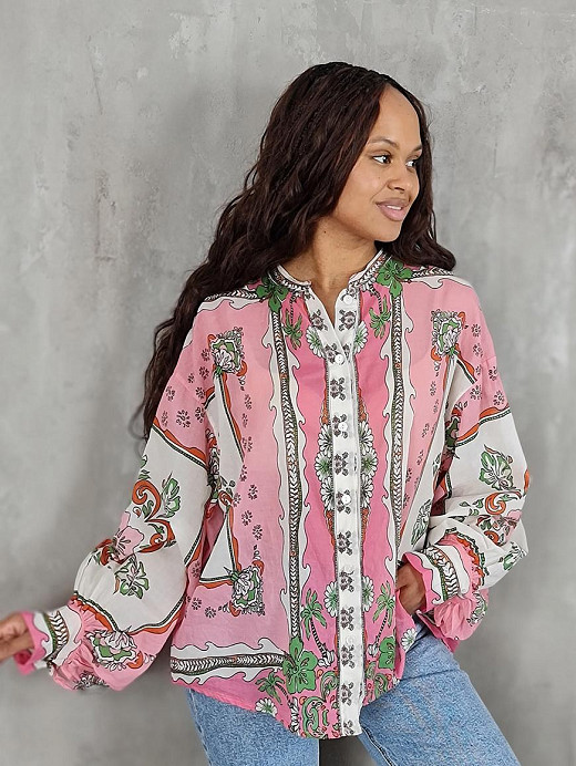 Рубашка MIHO'S снизу завязана с принтом розовая