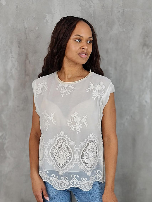 Футболка MIHO'S сетчатая с вышивкой кремовая