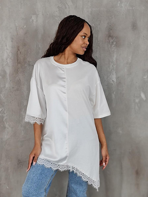 Туника MIHO'S атласная с кружевным низом белая