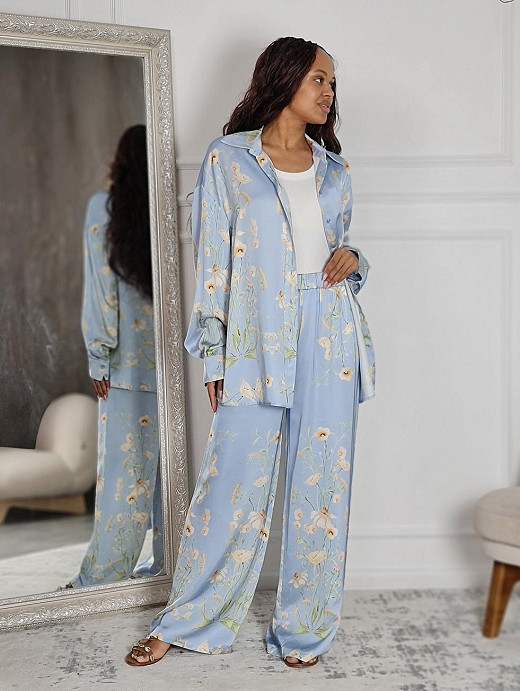 Костюм CLOTHÉ рубашка + брюки с принтом цветы голубой