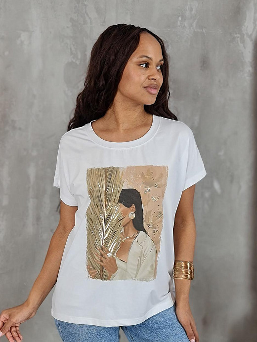 Футболка Mitica&Co принт Девушка пальмовый лист белая