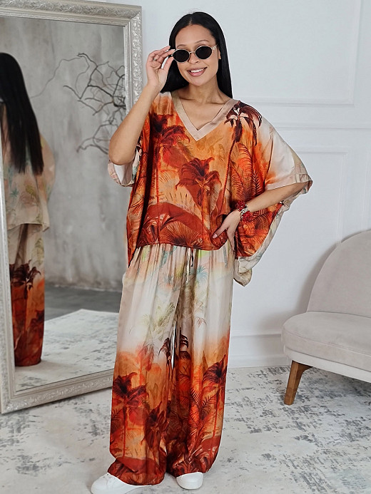 Костюм New Collection джемпер + брюки с принтом пальмы красно-оранжевый