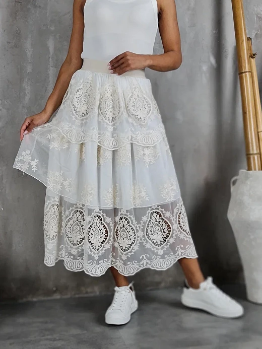 Юбка MIHO'S с вышивкой кружево на резинке молочная