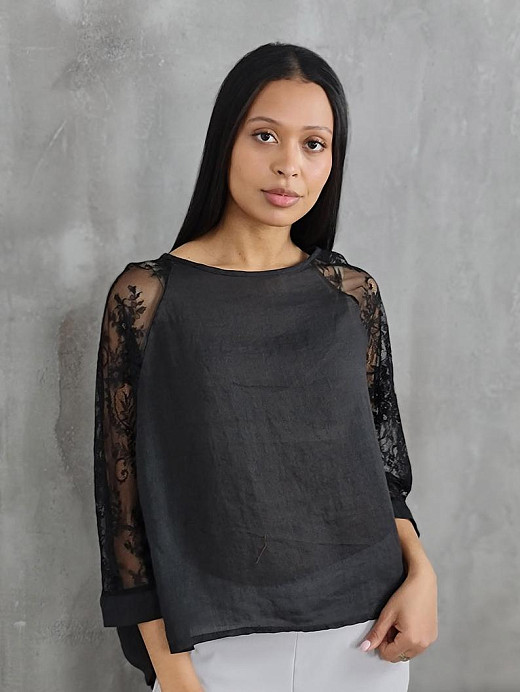 Блузка WI&CO с кружевными рукавами черная 