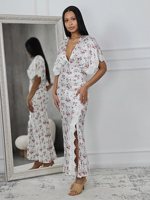 Платье Imperial с цветочным принтом и кружевом на рукавах молочное