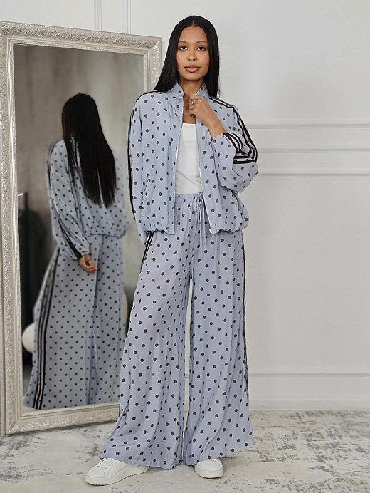 Костюм MIHOs атласный с лампасами в горошек голубой