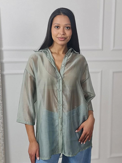 Рубашка MIHOs удлиненная с розой на спине оливка