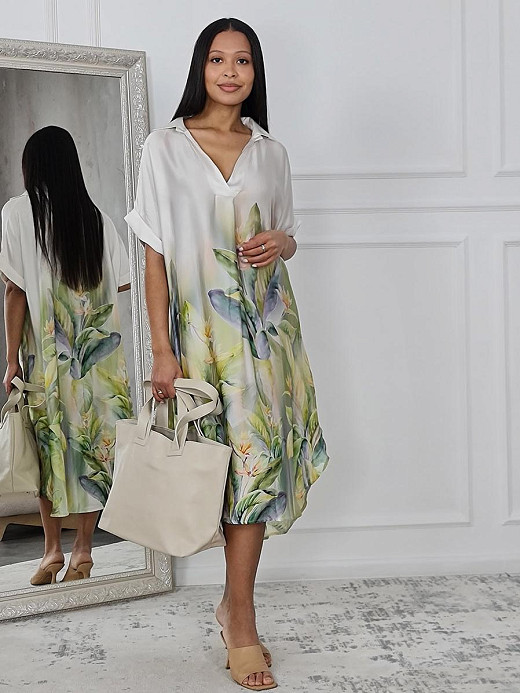 Платье New Collection атласное с акварельним принтом оверсайз зеленое 