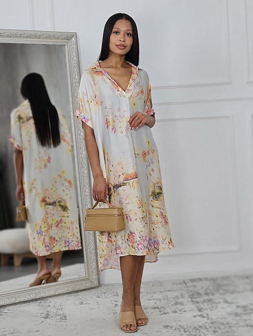 Платье New Collection атласное с акварельним принтом оверсайз оранжевое 