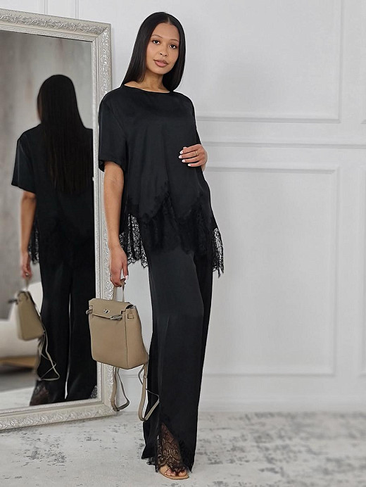 Костюм атласный CLOTHÉ футболка и брюки с кружевом черный 