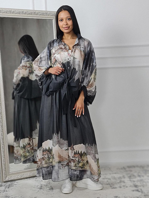 Костюм New Collection воздушный блузка и юбка с принтом черный