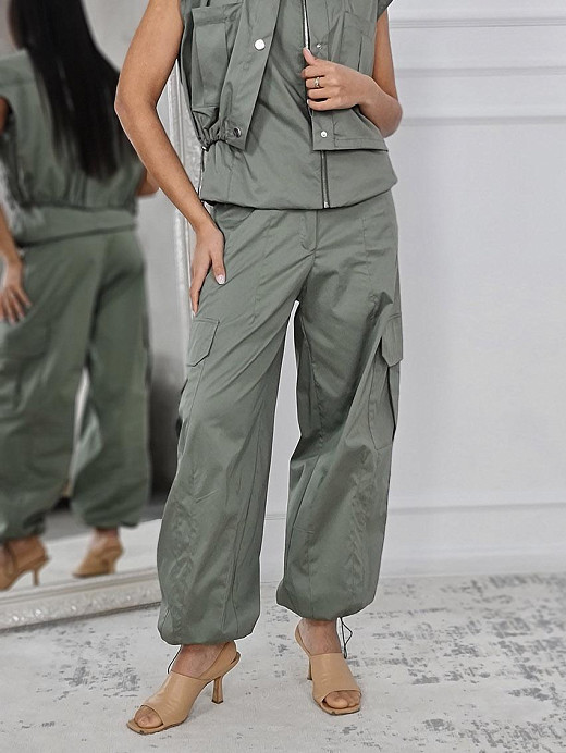 Брюки Imperial карго на резинке с кармашками по бокам хаки 