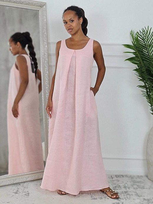Платье CLOTHÉ льнянное на лямках со швуом на груди розовое