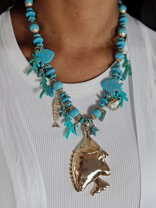 Ожерелье Fashion Jewelry с рыбками бирюзовое 
