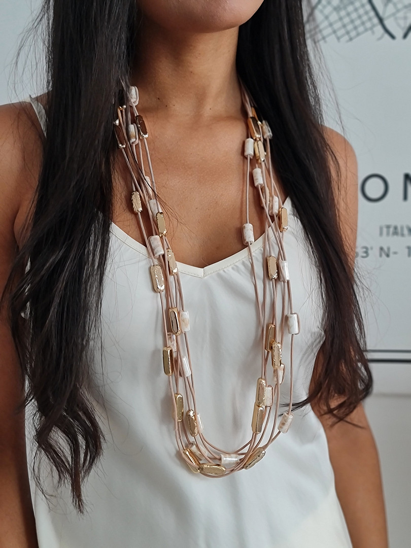 Ожерелье Fashion Jewelry многослойное с золтыми вставками бежевое , фотография №3