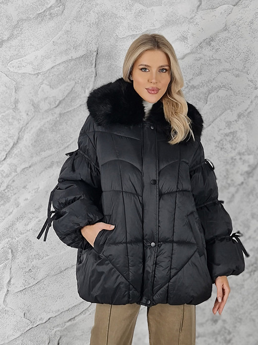 Куртка FL.MODE куртка короткая меховой капюшон черная