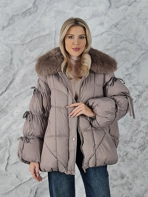 Куртка FL.MODE куртка короткая меховой капюшон тауп