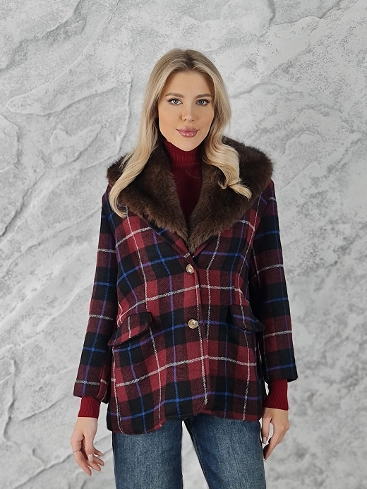 Укороченное пальто Mitica&Co. в клеточку с шерстью и пушистой опушкой красное 