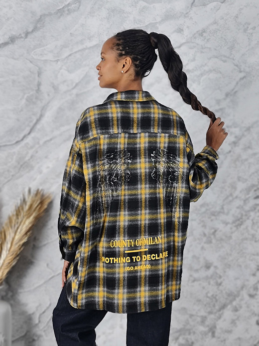 Рубашка DEGREES на спине крылья стразы в клеточку желтая