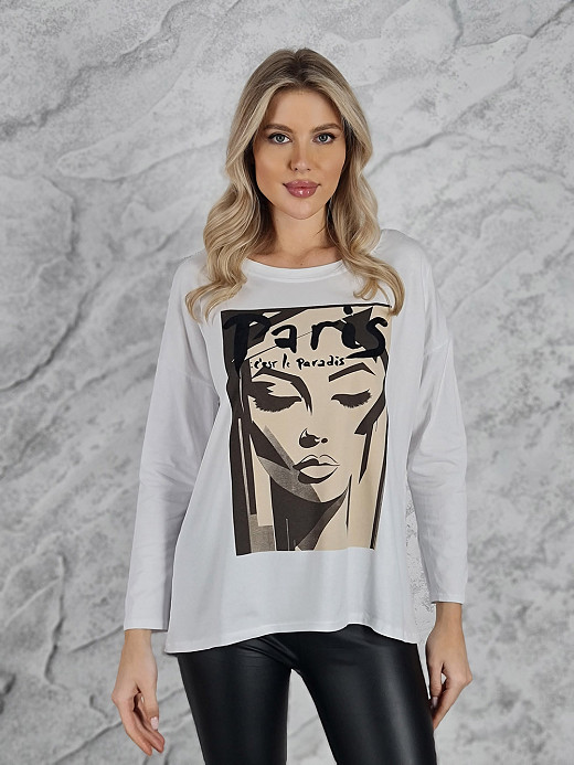 Лонгслив Mitica&Co. принт девушка надпись Paris белый