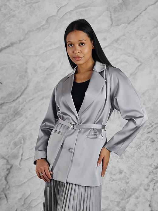 Пиджак CLOTHÉ атласный с поясом пуговицы серый