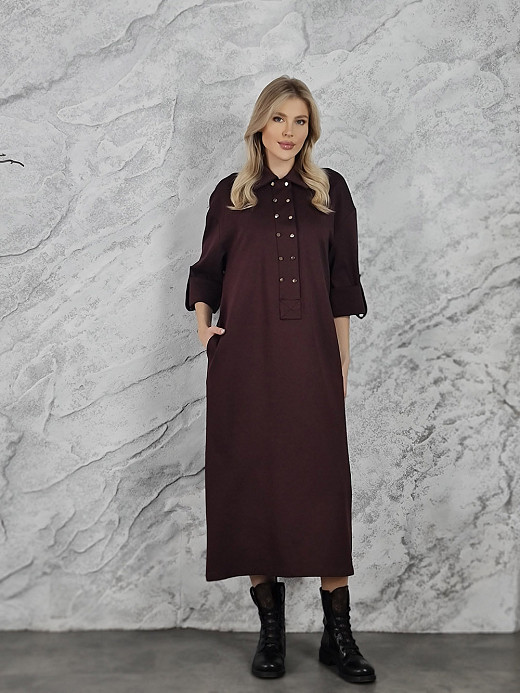 Платье CLOTHÉ прямое рукав 3/4 золотой декор бордо