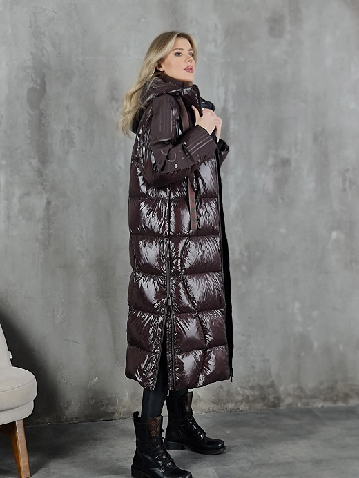 Пуховик Vicolo натуральный пух с черным подкладом капюшон шоколад