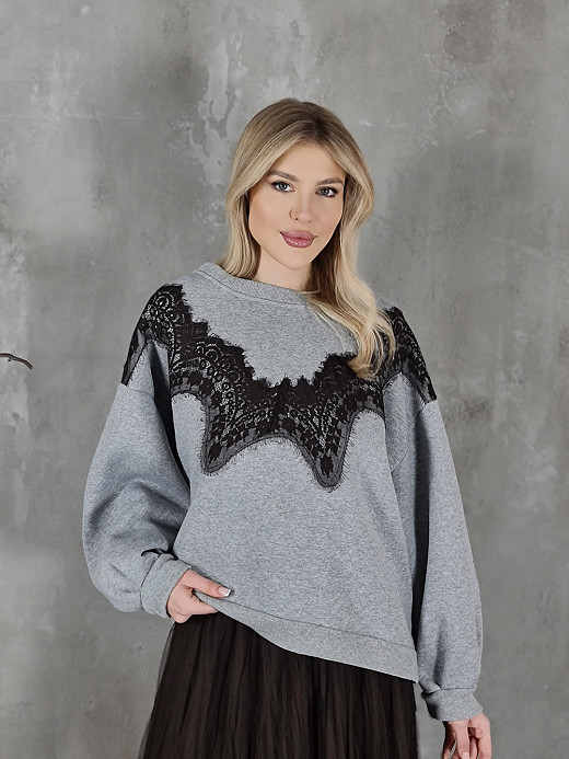 Свитшот на флисе Mitica&Co. с кружевом серый