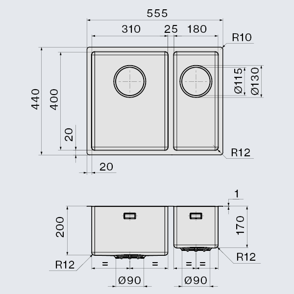 Falmec COMO 31+18 Steel, мойка, нержавеющая сталь