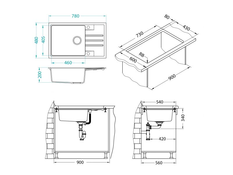 Мойка INTERMEZZO 130 GRANITAL CARBON - G91 780X480X200 1X в компл.с сифоном 111729 G11 ARCTIC