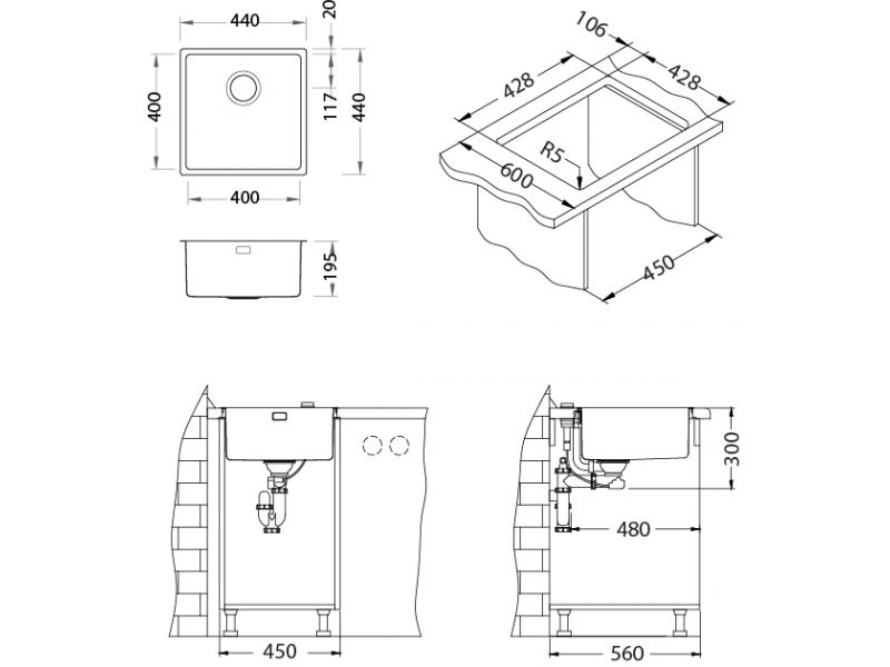 Мойка KOMBINO 30 90 FI 440X440 F/S в комплекте с сифоном 1130550 KMB