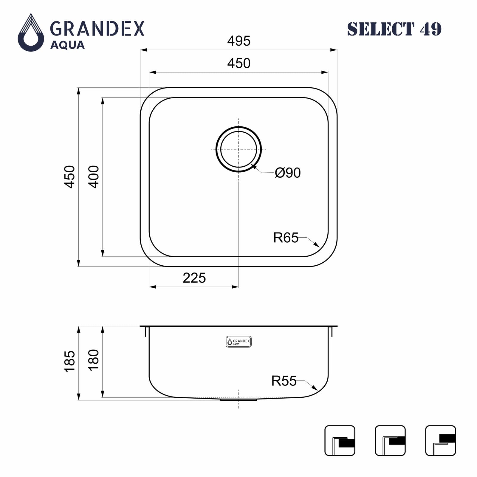 Мойка Grandex Aqua SELECT 49, 495х445х200, сифон в комплекте (2003343) GOLD