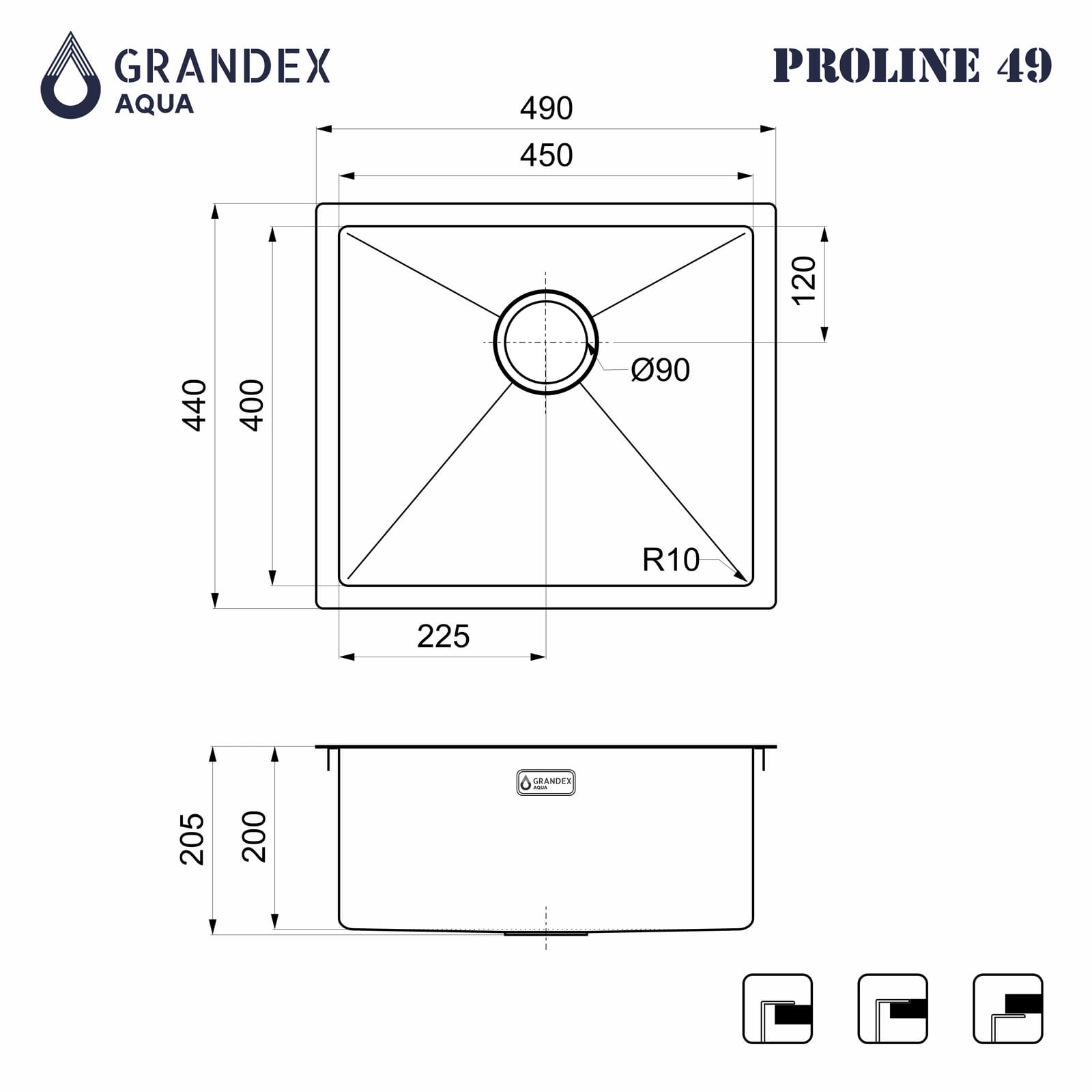 Мойка Grandex Aqua PROLINE 49, 490х440х200, (504060) SAT