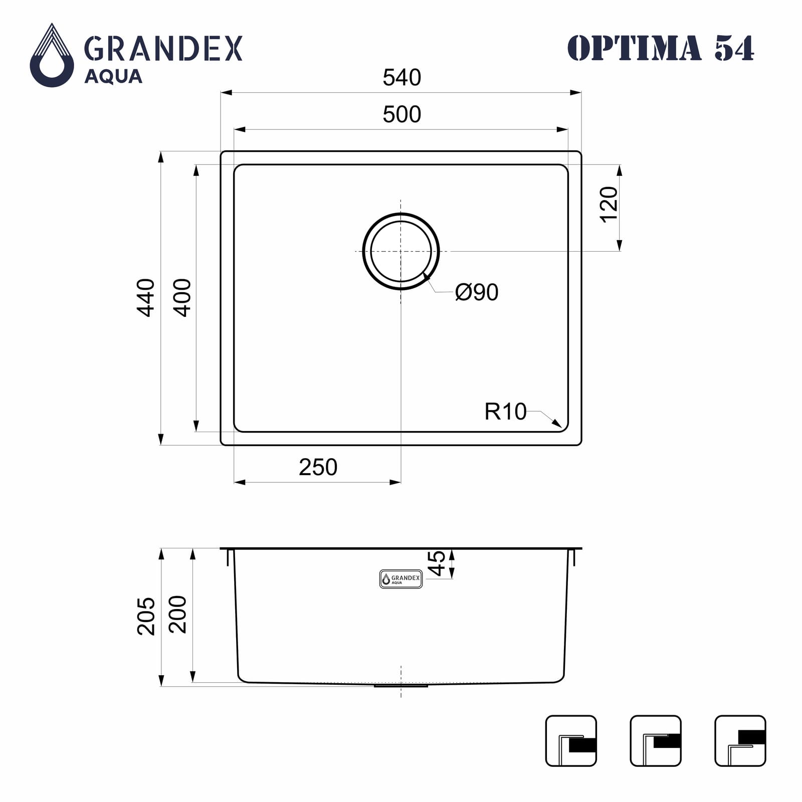 Мойка Grandex Aqua OPTIMA 54, 540х440х200, (5011363) ANTHRACITE