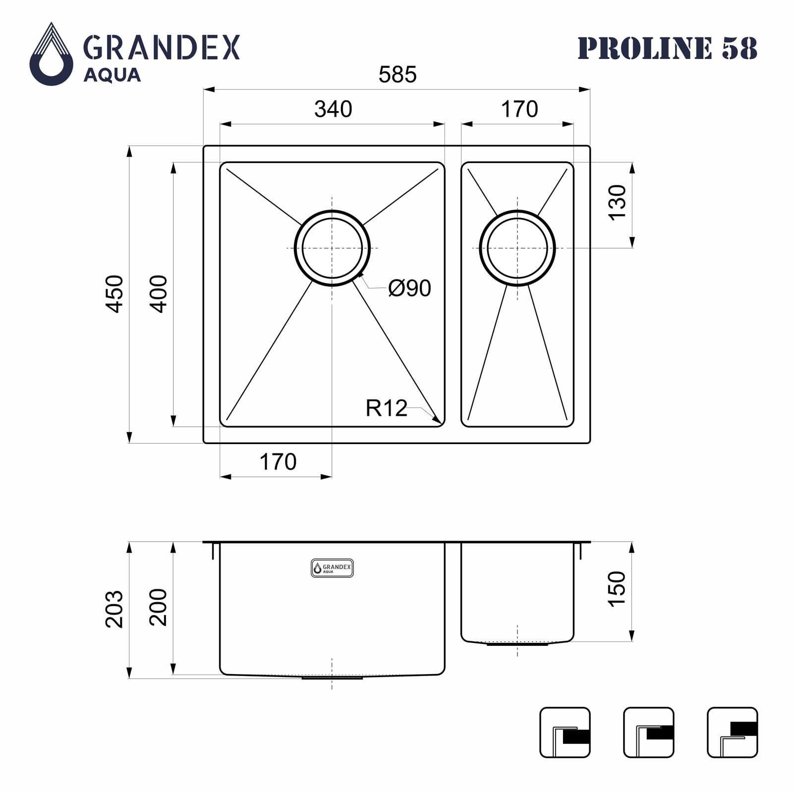 Мойка Grandex Aqua PROLINE 58, 550х450х200, сифон в комплекте (300208) SAT