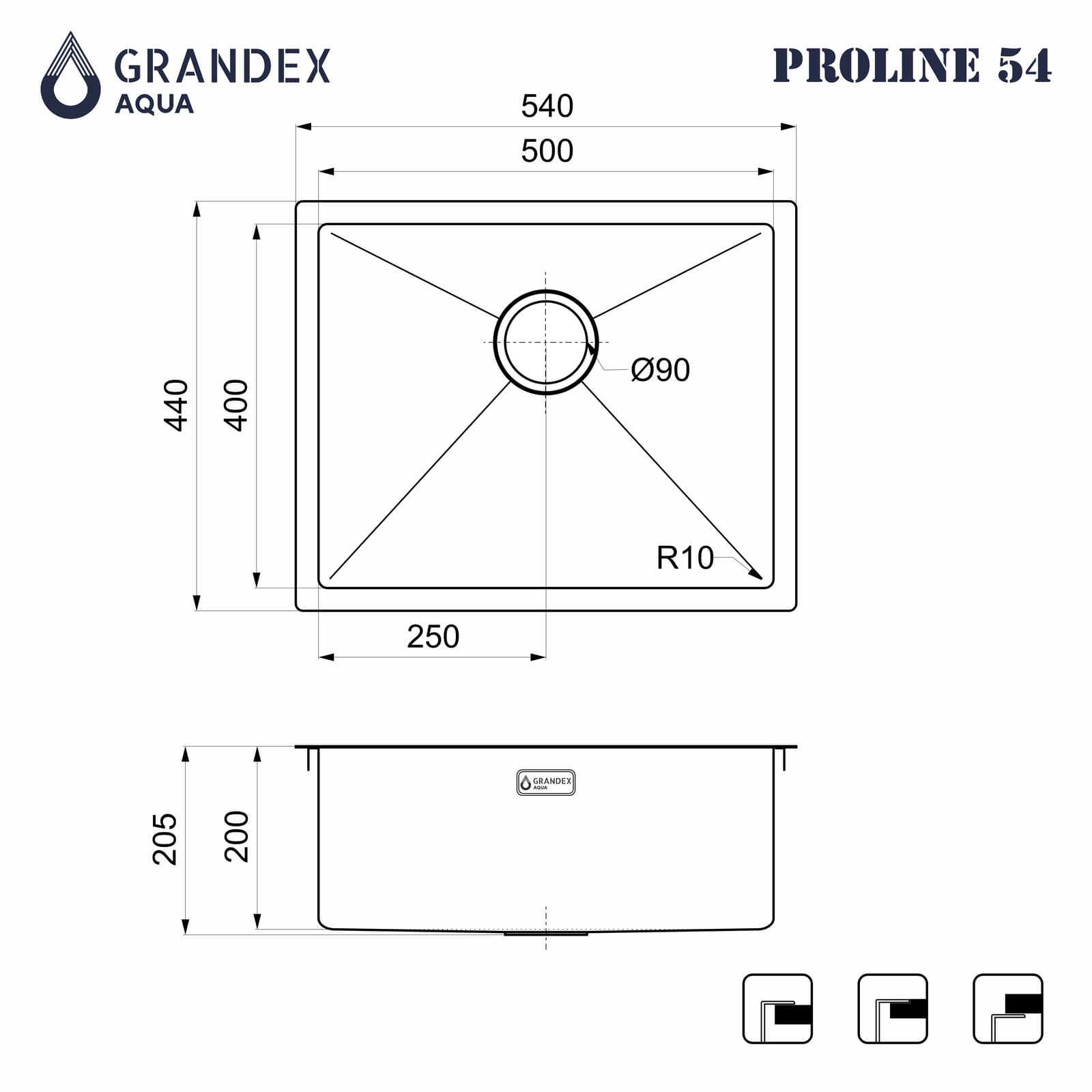 Мойка Grandex Aqua PROLINE 54, 540х440х200, (5041743) ANTHRACITE