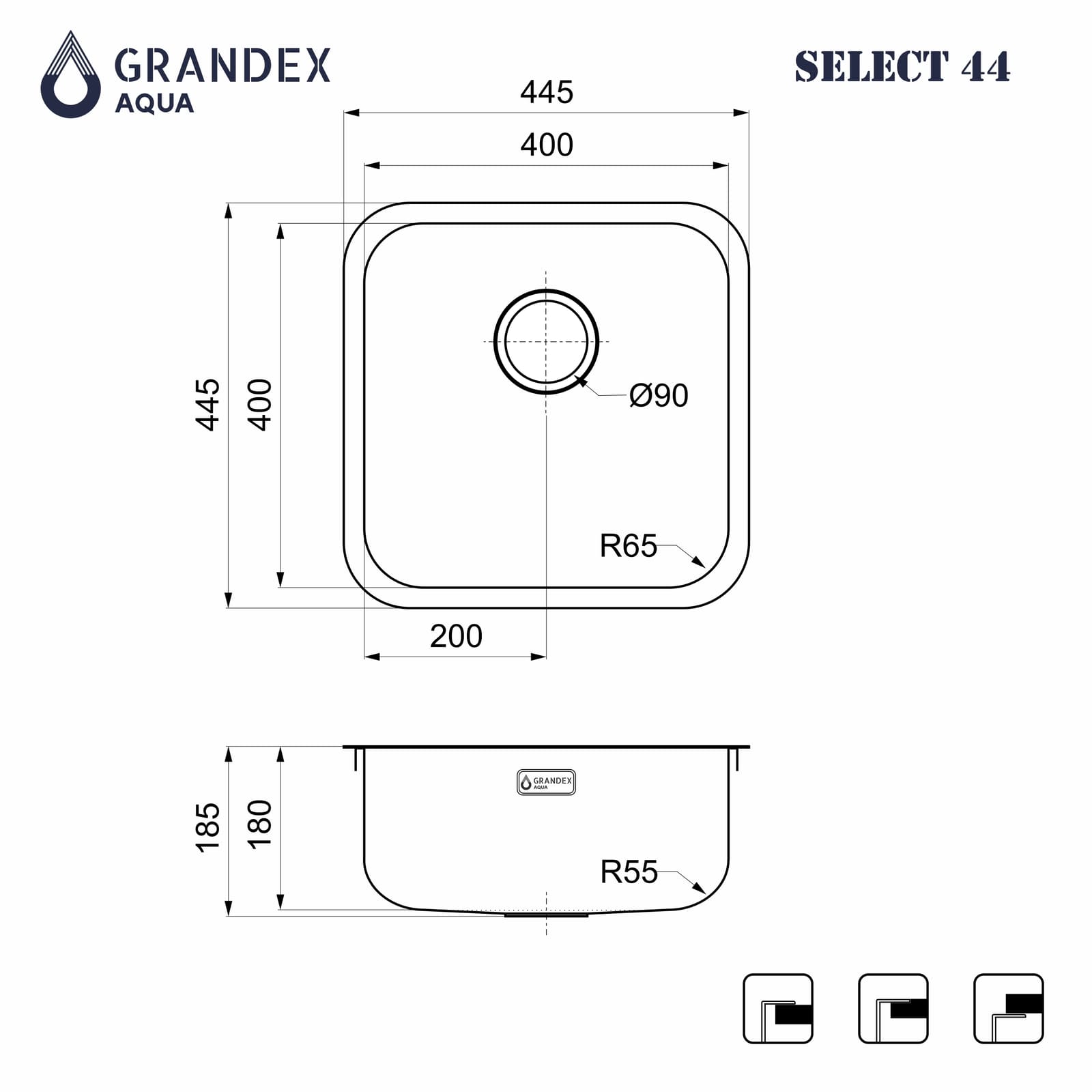 Мойка Grandex Aqua SELECT 44, 445х445х200, сифон в комплекте (2003333) GOLD