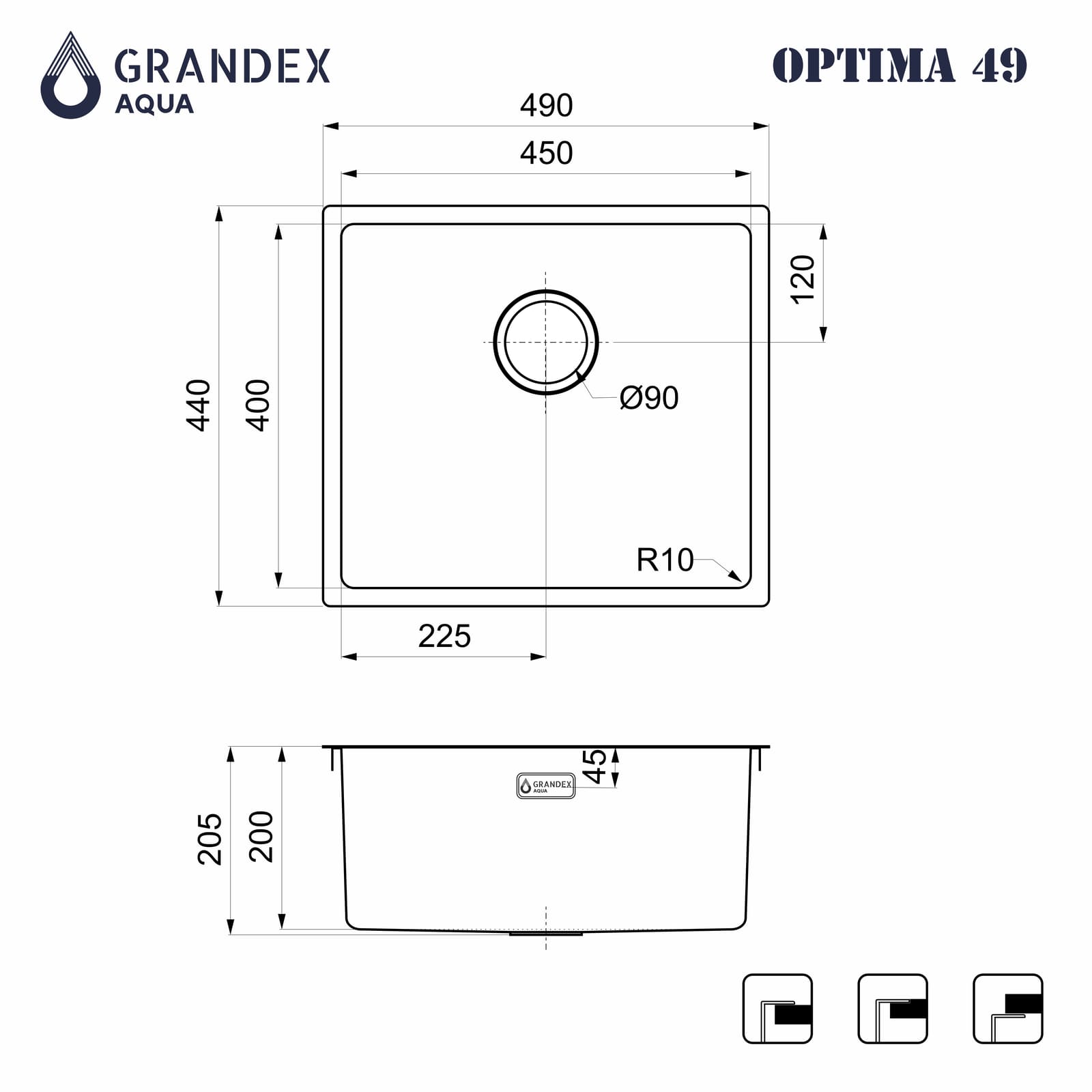 Мойка Grandex Aqua OPTIMA 49, 490х440х200, (5010862) GOLD
