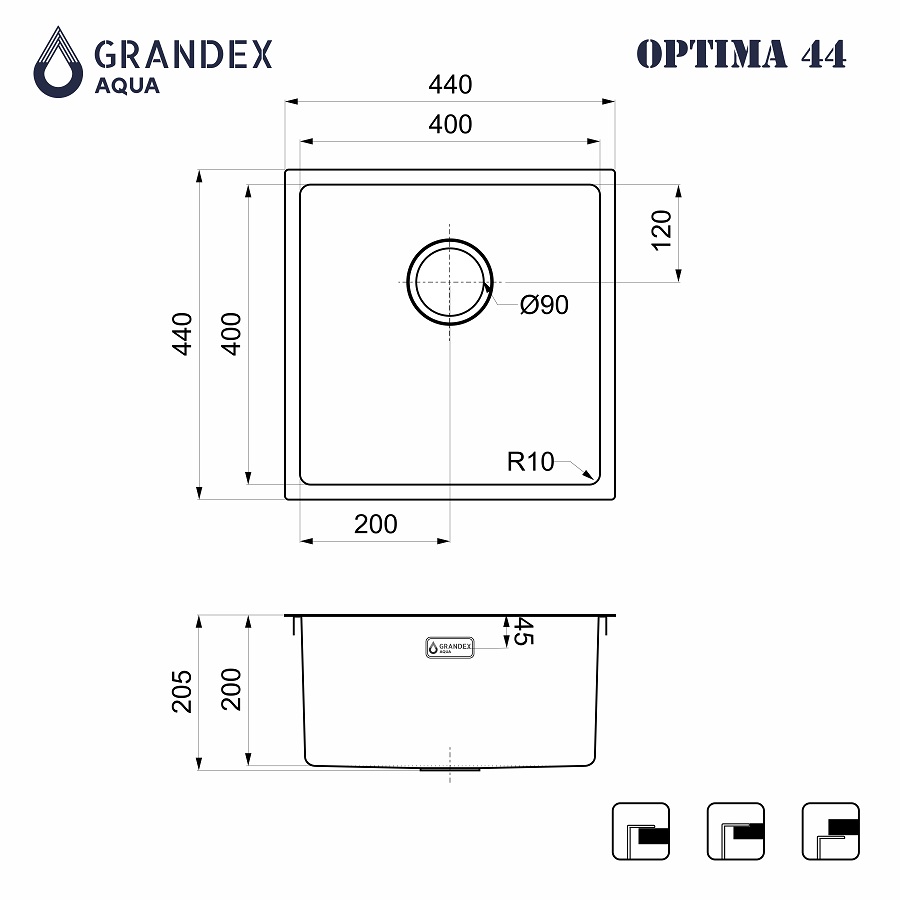 Мойка Grandex Aqua OPTIMA 44, 440х440х200, (5011353) ANTHRACITE
