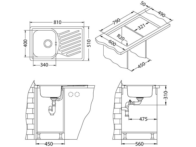 Мойка ELEGANT 30 90 FI 810X510 в комплекте с сифоном 1130551 SAT